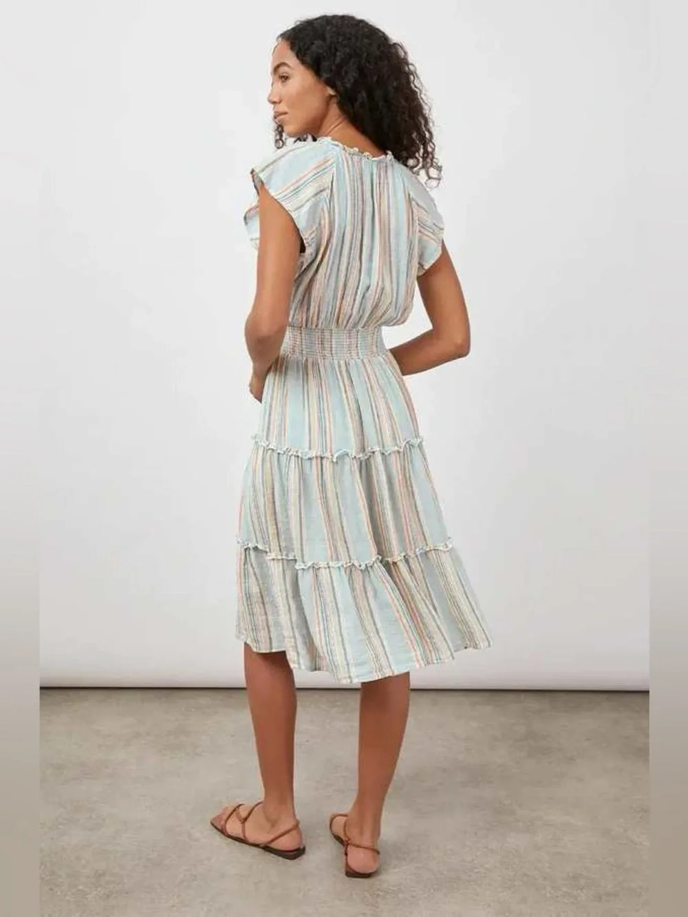 Rails Amelia Smocked Tiered Empire Midi Dress Large Sag Harbour Linen Stripe - Picture 2 of 11
